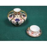 SMALL ROYAL CROWN DERBY TWO HANDLED VASE AND MINIATURE CUP AND SAUCER