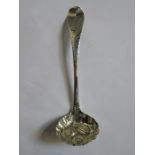 EARLY HALLMARKED SILVER TEA STRAINING LADLE WITH REPOUSSE FRUIT AND VINE DECORATION,