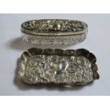 HALLMARKED SILVER TOPPED OVAL GLASS PIN JAR AND REPOUSSE DECORATED SILVER TRAY