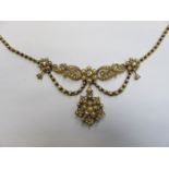 PRETTY UNHALLMARKED YELLOW METAL LADIES FLORAL NECKLACE SET WITH DIAMONDS AND PEARLS