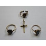 THREE GOLD COLOURED DRESS RINGS AND GOLD COLOURED RUBY SET CROSS