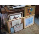 QUANTITY OF FRAMED PRINTS AND 1930s SAMPLER