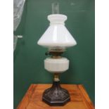 CAST METAL AND BRASS OIL LAMP WITH GLASS RESERVOIR