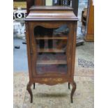 ANTIQUE MAHOGANY FRENCH STYLE FLORAL INLAID SINGLE DOOR DISPLAY CABINET WITH GALLERY TOP AND ORMOLU