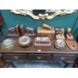 SUNDRY LOT OF TREEN INCLUDING BAROMETER, STORAGE BOXES, BOOK ENDS, COAT OF ARMS AND CLOCK, ETC.