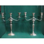 PAIR OF GOOD QUALITY SILVER PLATED THREE SCONCE CANDELABRAS