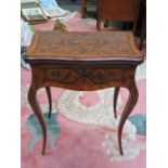 ANTIQUE DUTCH STYLE MARQUETRY INLAID FOLD OVER CARD TABLE WITH SINGLE DRAWER AND FELT LINED