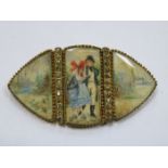 PRETTY HANDPAINTED SECTIONAL OVAL BROOCH SET WITH TWENTY-FOUR CLEAR STONES