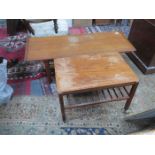 TWO TEAK COFFEE TABLES AND DRESSING TABLE STOOL