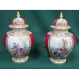 PAIR OF HANDPAINTED AND GILDED DRESDEN CERAMIC STORAGE JARS WITH COVERS