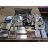 LARGE QUANTITY OF BOXED AND UNBOXED SILVER PLATED FLATWARE, ETC.