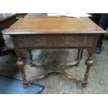 ANTIQUE CARVED FRONTED SINGLE DRAWER SIDE TABLE WITH X FRAMED STRETCHERED SUPPORTS