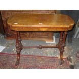 ANTIQUE INLAID WALNUT FOLD OVER GAMES TABLE WITH RED FELT LINED INTERIOR