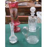 BOHEMIA COLOURED GLASS VASE AND THREE OTHER PIECES OF GLASS INCLUDING DECANTER