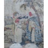 ROSEWOOD FRAMED AND GLAZED TAPESTRY DEPICTING REBECCA AT THE WELL,