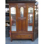 MAHOGANY SINGLE DOOR CARVED AND MIRROR FRONTED WARDROBE