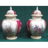 PAIR OF HANDPAINTED AND GILDED DRESDEN CERAMIC STORAGE JARS WITH COVERS