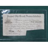 1818 WHITE FIVE POUND FROM YEOVIL OLD BANK, SOMERSETSHIRE,