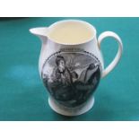 LATE 18th CENTURY LIVERPOOL CREAMWARE JUG WITH RARE BLACK AND WHITE TRANSFER "OLD OAK AND SAPLIN",