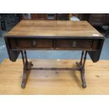 SMALL REPRODUCTION MAHOGANY TWO DRAWER DROP LEAF SOFA TABLE