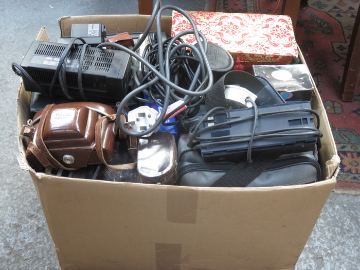 BOX LOT CONTAINING VARIOUS CAMERAS AND ACCESSORIES AND VIDEO CAMERA, ETC.