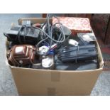 BOX LOT CONTAINING VARIOUS CAMERAS AND ACCESSORIES AND VIDEO CAMERA, ETC.