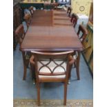 REPRODUCTION MAHOGANY EXTENDING DINING TABLE WITH TWO LEAVES AND EIGHT (SIX AND TWO) CHAIRS