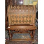 ANTIQUE CONTINENTAL STYLE COPPER PANELLED AND DOME TOPPED TRAVEL TRUNK ON HEAVILY CARVED BARLEY