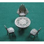 PRETTY SILVER FILIGREE MINIATURE BREAKFAST TABLE AND THREE CHAIRS