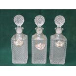 SET OF THREE GLASS DECANTERS WITH CERAMIC DRINKS LABELS