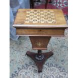 ANTIQUES INLAID CHESS TOPPED FOLD OVER GAMES TABLE WITH FELT LINED INTERIOR