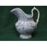 19th CENTURY BLUE AND WHITE TRANSFER DECORATION CERAMIC JUG,