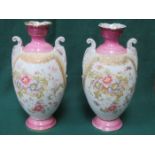 PAIR OF VICTORIAN HANDPAINTED FLORAL CERAMIC VASES,