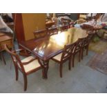 REPRODUCTION MAHOGANY EXTENDING DINING TABLE WITH TWO LEAVES AND EIGHT (SIX AND TWO) CHAIRS