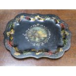 A MID VICTORIAN PAPIER MACHE AND MOTHER OF PEARL INSET CARTOUCHE SHAPED DISH, CIRCA 1860,