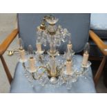 SET OF FOUR GILT METAL SIX SCONCE CHANDELIERS WITH GLASS DROPLETS