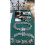 TWO SILVER PLATED NURSES BELT BUCKLES AND OTHER MIXED PLATEDWARE