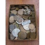 MIXED LOT OF COINAGE, TWO SILVER BADGES AND BROOCH, ETC.