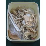 MIXED LOT OF PEARL TYPE NECKLACES, BUTTONS, COSTUME JEWELLERY, ETC.