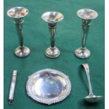 MIXED LOT OF SILVER INCLUDING RECEIVER, THREE FLUTE VASES,