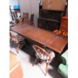 ERCOL DARK OAK DRAW LEAF TABLE AND FOUR CHAIRS AND COURT CUPBOARD