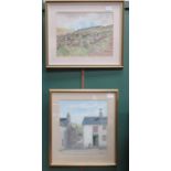 WATERCOLOUR DEPICTING A VILLAGE STREET SCENE PLUS ANOTHER WATERCOLOUR DEPICTING HIGHLAND SCENE,