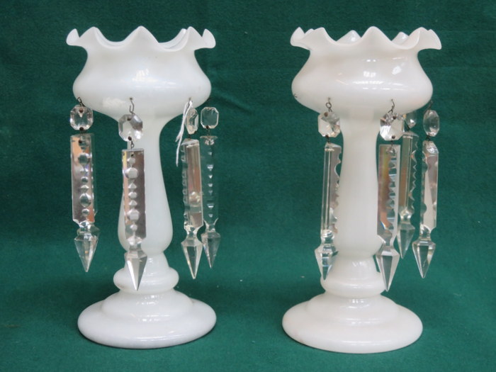 PAIR OF VICTORIAN OPAQUE GLASS LUSTRES WITH DROPLETS,