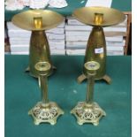 PAIR OF ART NOUVEAU STYLE BRASS CANDLESTICKS PLUS ANOTHER PAIR OF BRASS CANDLESTICKS