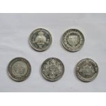 FIVE VARIOUS QUEEN VICTORIA SILVER COLOURED COMMEMORATIVE MEDALS