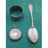 SILVER NAPKIN RING AND SILVER FOB WATCH (AT FAULT) PLUS SINGLE SILVER SPOON