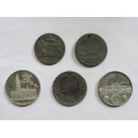 FIVE SILVER COLOURED COMMEMORATIVE MEDALS