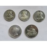 FIVE SILVER COLOURED COMMEMORATIVE MEDALS