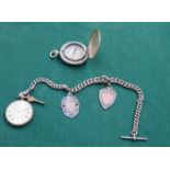 SILVER COLOURED FOB WATCH ON ALBERT CHAIN WITH TWO SILVER FOBS AND VINTAGE COMPASS