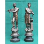 PAIR OF SPELTER FIGURES ON EBONISED STANDS,